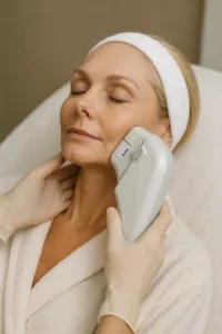 Woman receiving HIFU non surgical facelift treatment Farnham