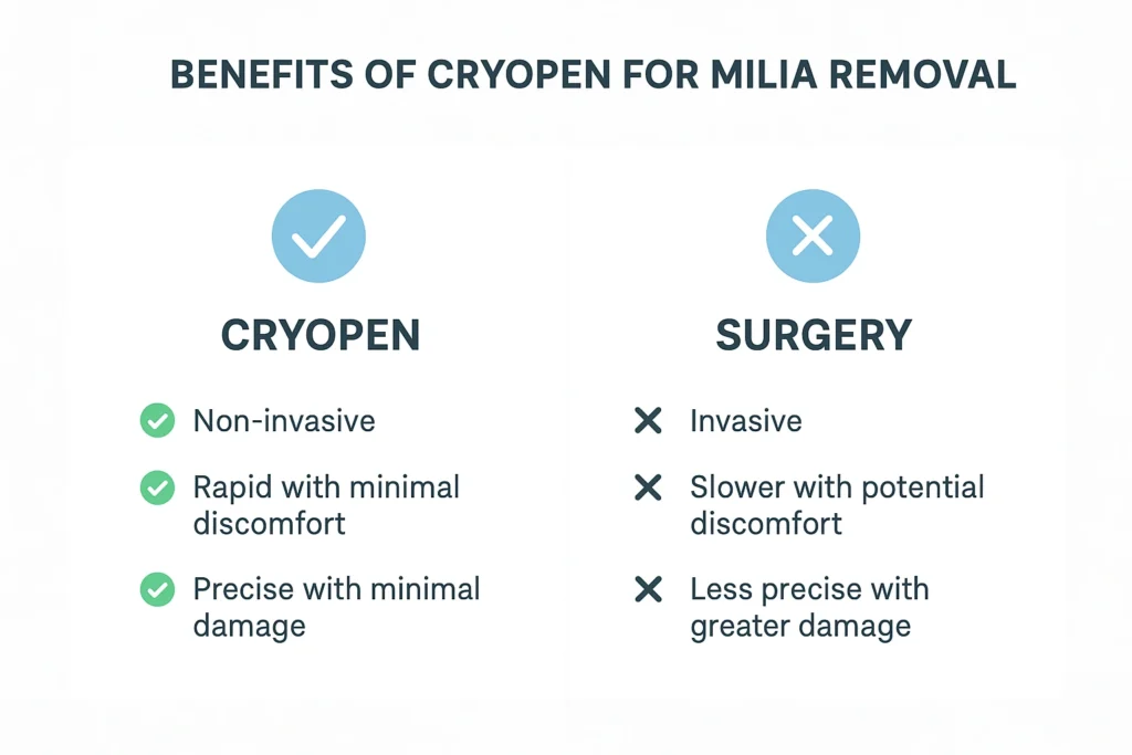 Benefits of cryopen for milia removal Farnham compared to surgical treatments.