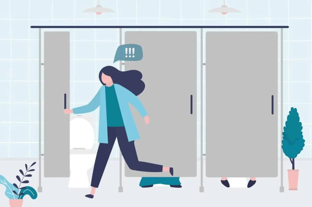 graphic of Urine incontinence Farnham woman running to the toilet.