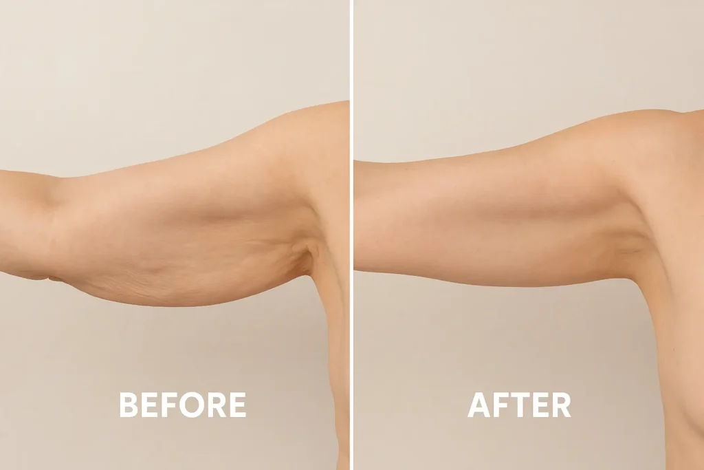 Picture of LA LIPO Farnham before and after results of skin tightening treatment on the upper arms.