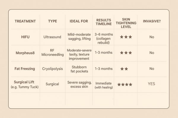 Table showing the comparisons of Skin tightening Farnham treatment options.